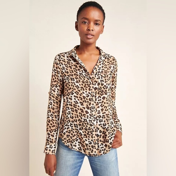 ANTHROPOLOGIE Cloth & Stone Lana Leopard Buttondown Long Sleeve Lightweight Top - Picture 1 of 8